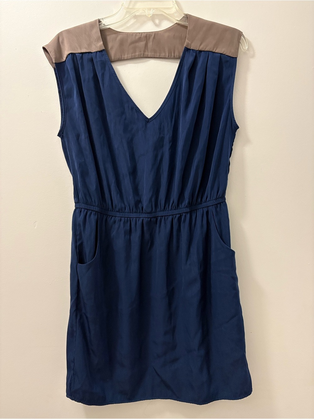 one clothing Navy Dress with Taupe Shoulder Yoke